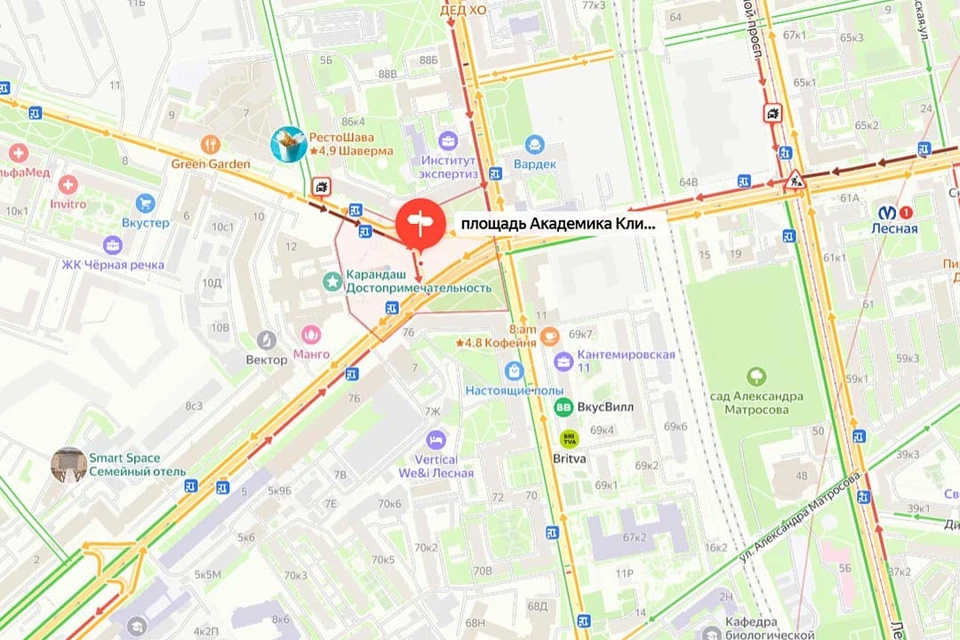 Дорожная ситуация в районе площади Академика Климова. Фото: «Яндекс. Пробки»