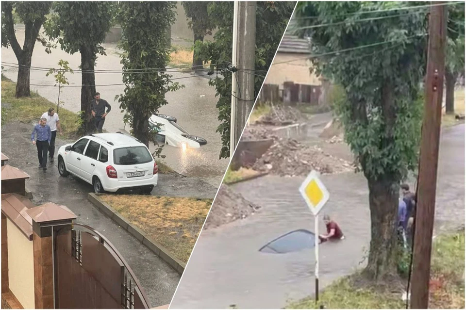 После сильного ливня в Нальчике несколько машин ушли под воду. Фото: стоп-кадр видео очевидцев