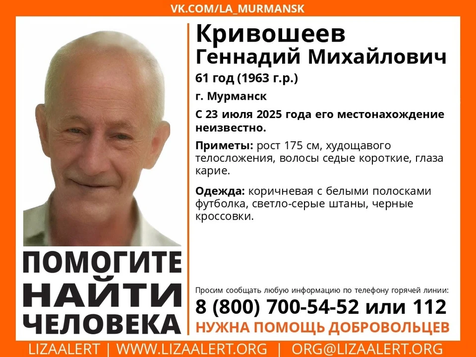 С 23 июля местонахождение пенсионера неизвестно. Фото: Поисковый отряд "ЛизаАлерт" Мурманской области / vk.com/la_murmansk