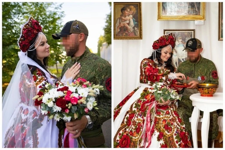 Невеста - в платье из павлопосадских платков, жених - в камуфляже: Яркая свадьба бойца СВО в русском стиле