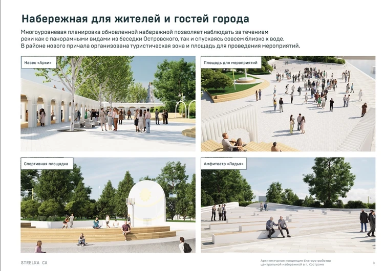 Белоснежные колонны, гигантские лестницы-скамьи и детская площадка из сказки: костромичам показали волжскую набережную образца 2026 года