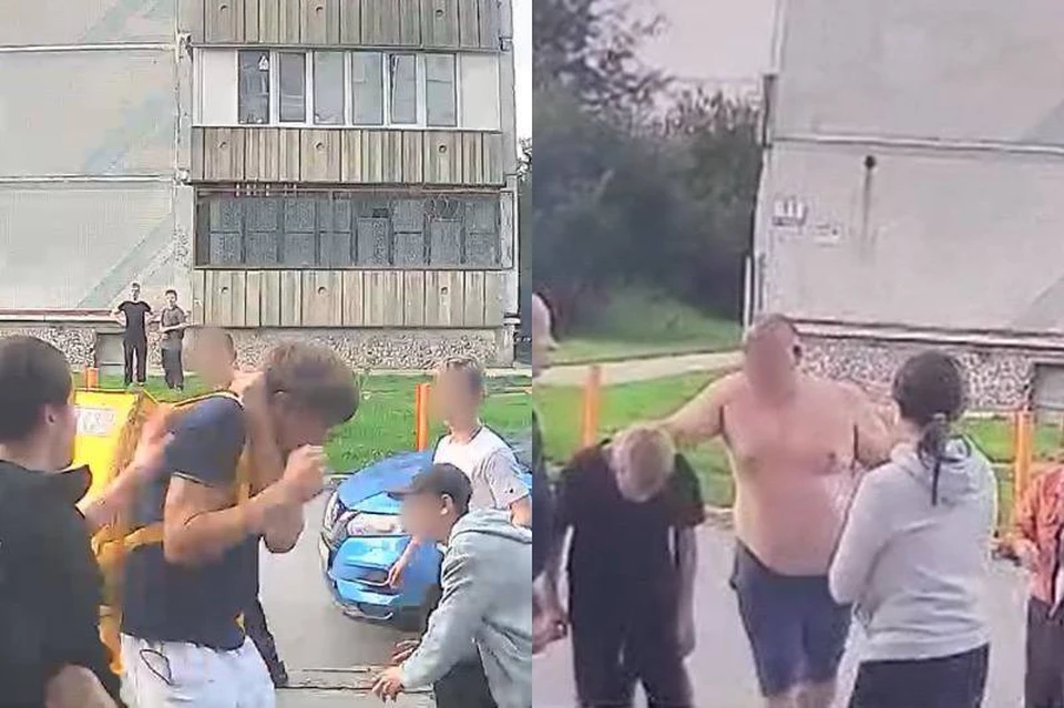 На первом кадре подростки избивают курьера. На втором кадре: мальчика приняли за нападавшего и держат за шею. Кадры из видео, предоставленые КП-Новосибирск