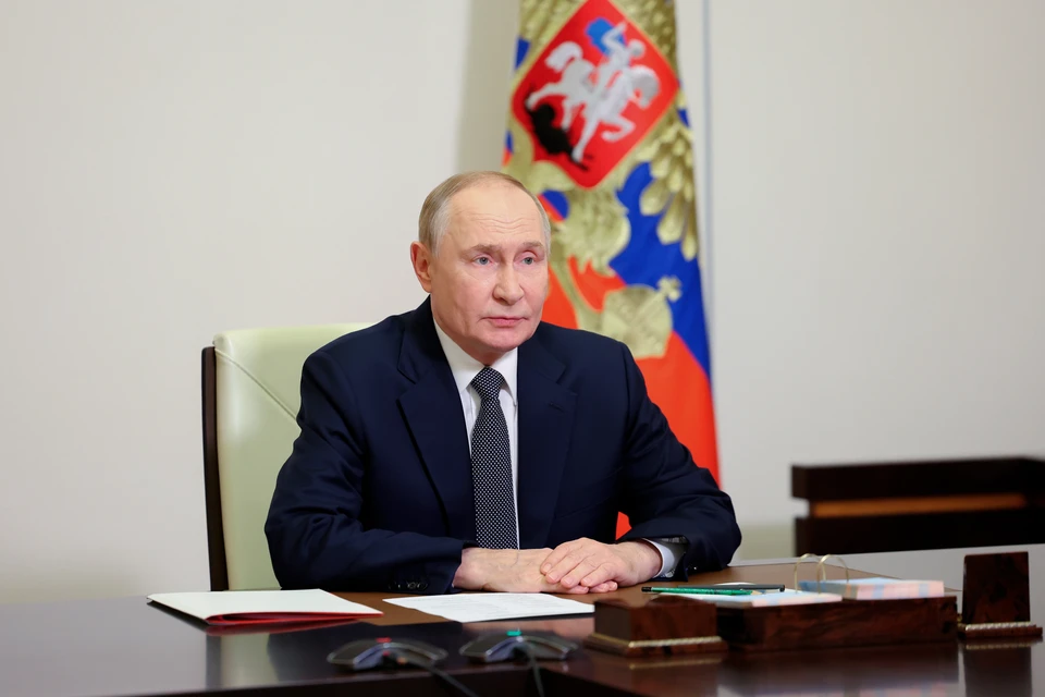 Президент РФ Владимир Путин во время совещания в режиме видеосвязи с постоянными членами Совета Безопасности в резиденции Ново-Огарево. Фото: Андрей Бабушкин/пресс-служба президента РФ/ТАСС