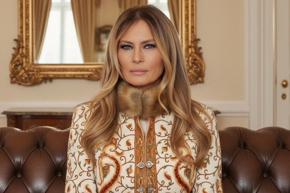Вика Цыганова выложила в своих соцсетях этот снимок Мелании Трамп. Правда, сама же дизайнер сомневается: не сгенерировано ли изображение нейросетью?