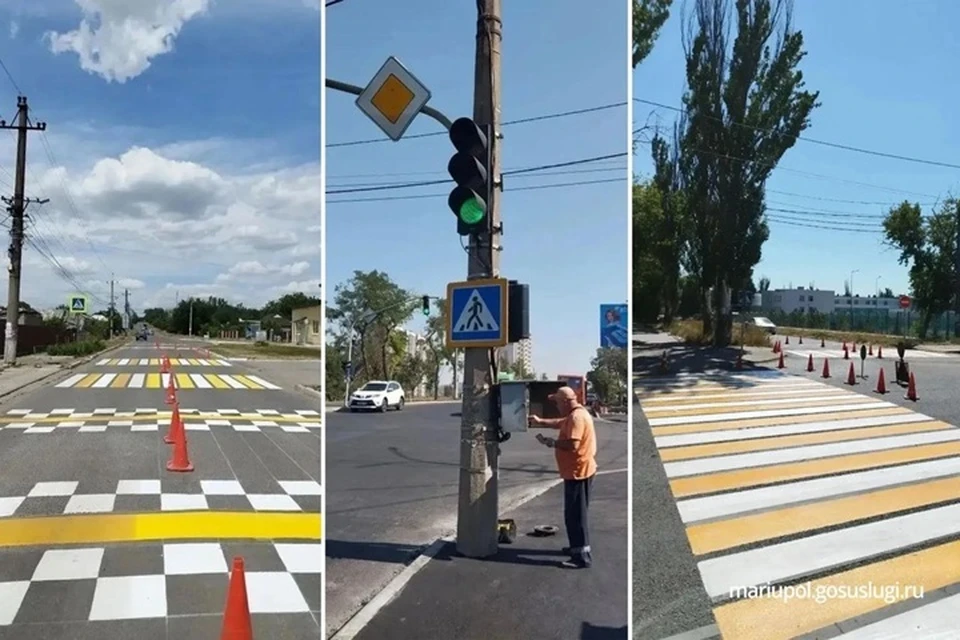 В Мариуполе обновляют дорожную разметку у школ перед 1 сентября. Фото: Антон Кольцов