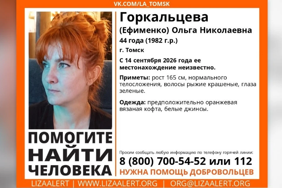Приметы женщины: рост 165 сантиметров, нормальное телосложение, зеленые глаза, крашеные рыжие волосы. Фото: отряд «ЛизаАлерт»