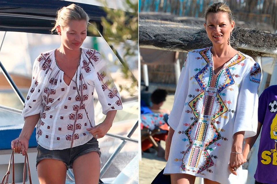 Кейт Мосс носит вышиванку и в пир - на пляже, и в мир - в городе.