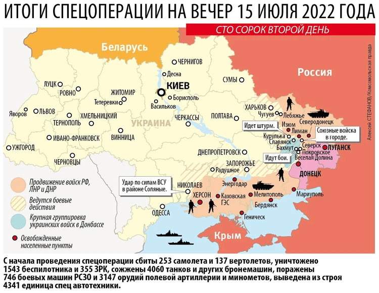 Карта боевых действий на Украине на 16 июля 2022: Националистов в Донбассезагоняют в котлы - KP.RU