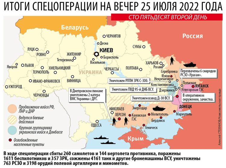 Карта боевых действий на Украине на 25 июля 2022 года: Российские войскапродолжают наносить удары по базам ВСУ высокоточным оружием - KP.RU