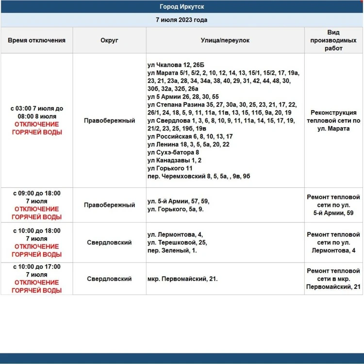 График отключений | МУП Водоканал г. Иркутска